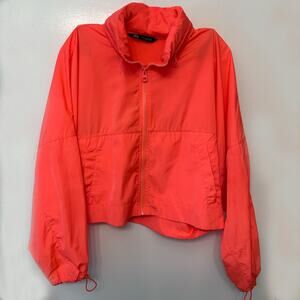ZARA Neon Orange Cropped Windbreaker Jacket Womens Small Lightweight Zip Up